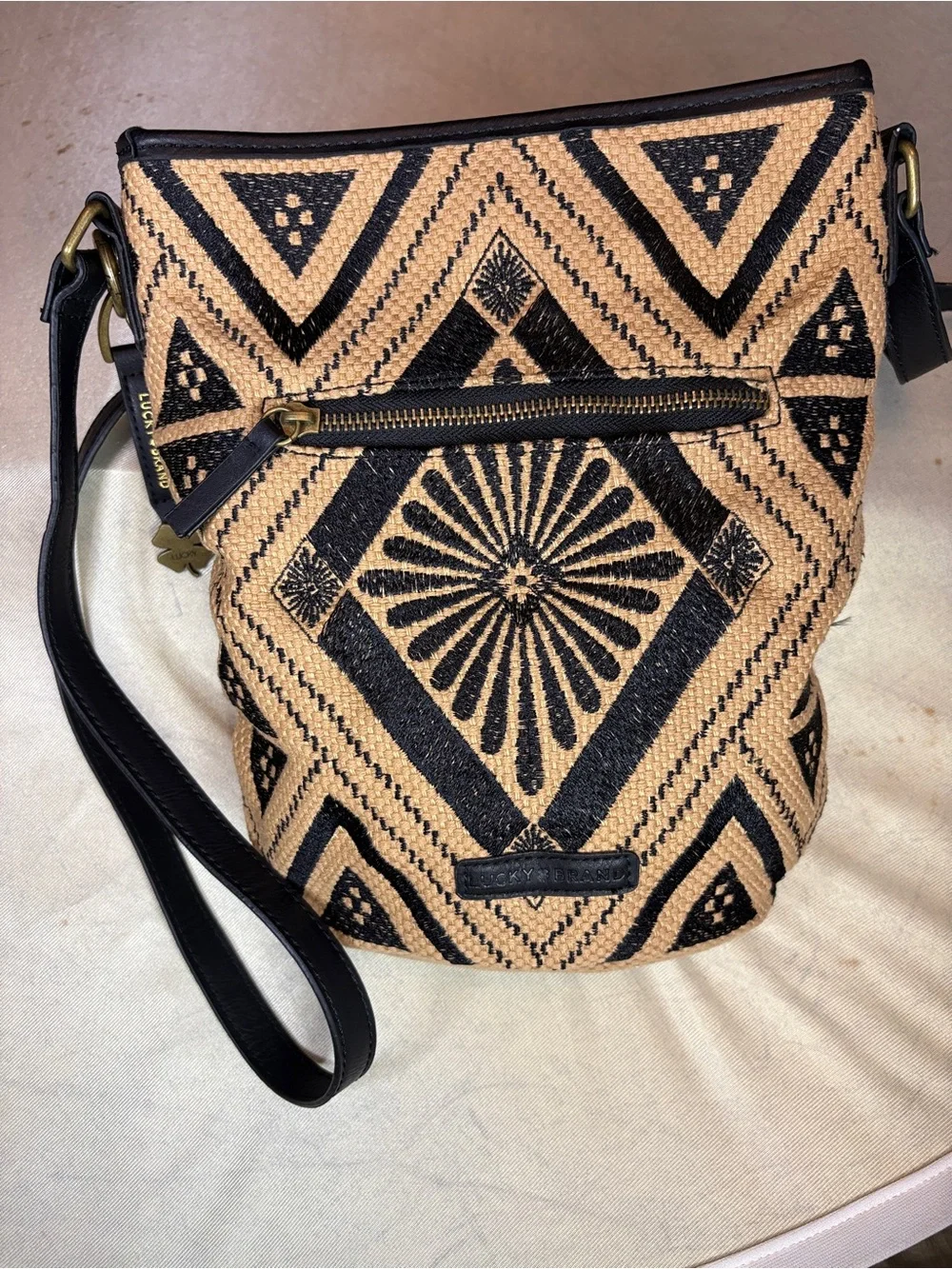 Maya Jute Hippie Woven Geometric Crossbody Bag in Black and Tan